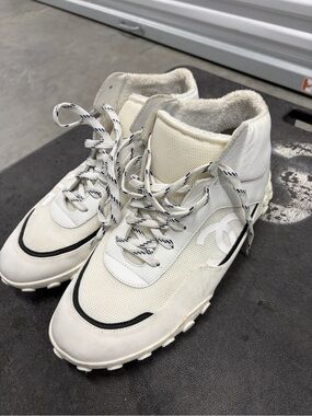 CHANEL White and Black High-Top CC Logo Sneakers